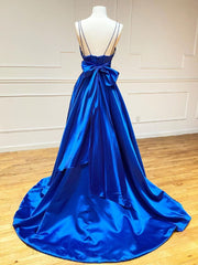 Bridesmaid Dress Beach Wedding, Blue v neck satin long prom dress,  blue evening dress