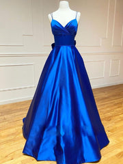 Bridesmaids Dresses Beach Wedding, Blue v neck satin long prom dress,  blue evening dress
