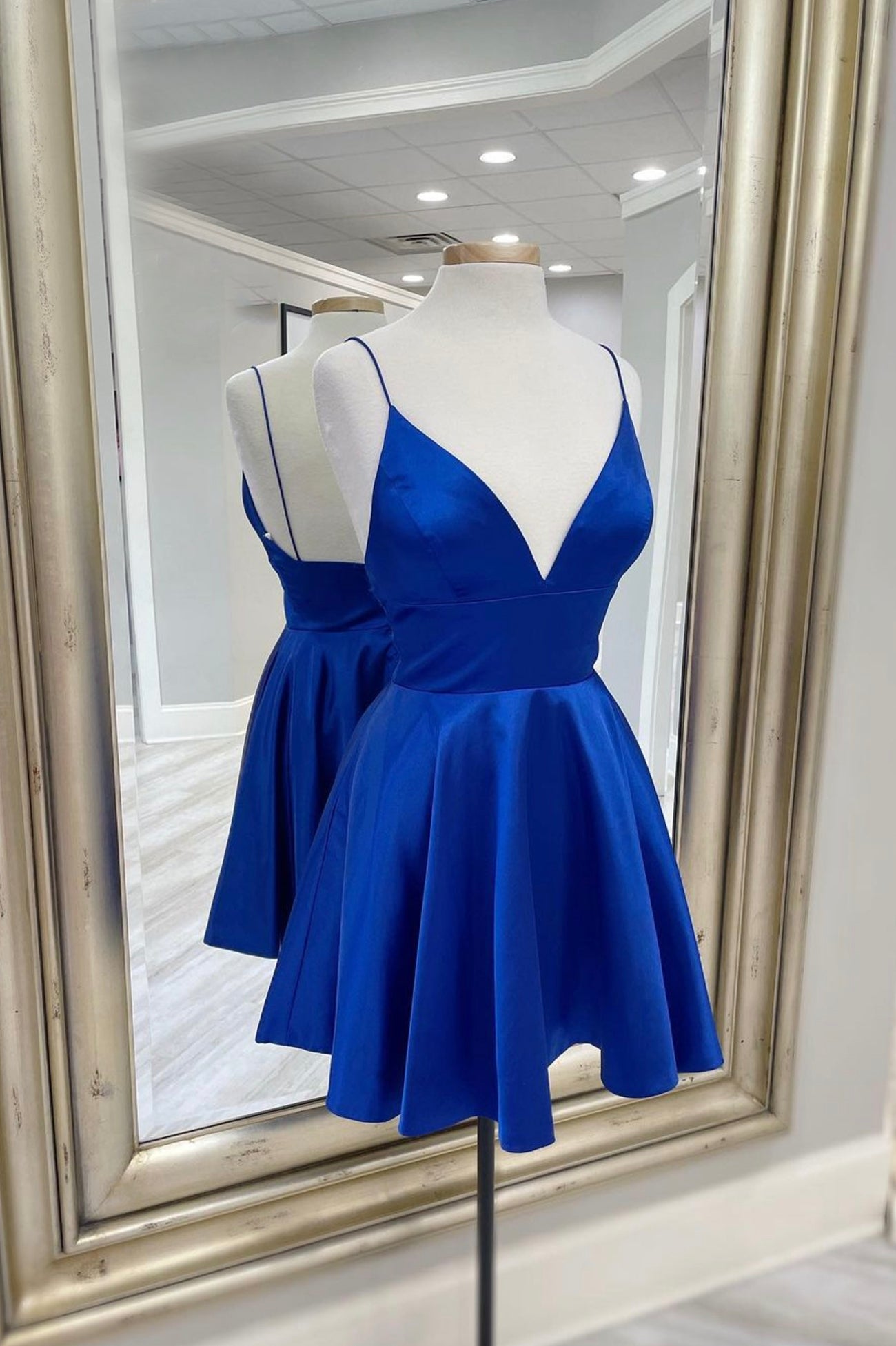 Formal Dress Wear For Ladies, Blue V-Neck Satin Short Prom Dress,A-Line Cocktail Dresses Short Formal