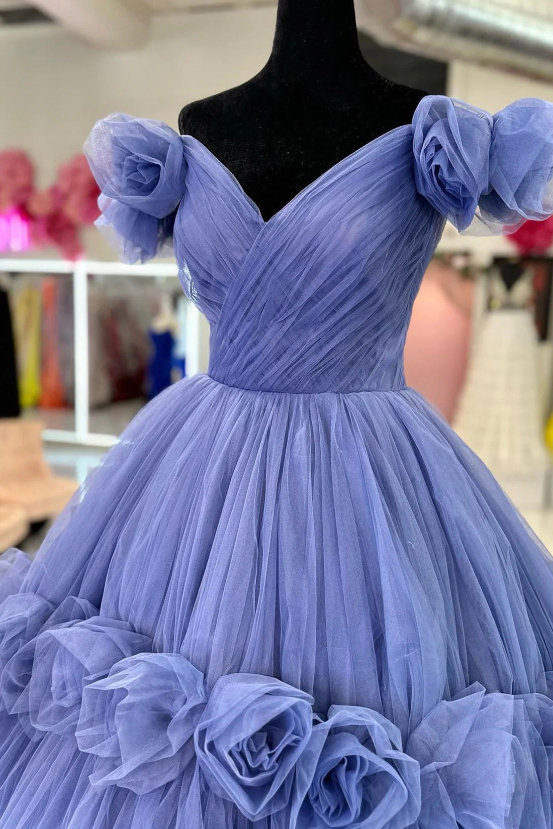 Party Dresses Casual, Blue V-neck Tulle Formal Dress with Flowers, Blue Formal Dress Sweet 16 Dress