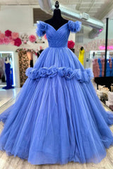 Party Dress Party, Blue V-neck Tulle Formal Dress with Flowers, Blue Formal Dress Sweet 16 Dress