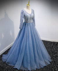 Club Outfit, Blue V Neck Tulle Lace Long Prom Dress, Blue Evening Dress with Sequin Beading