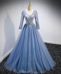 Party Dress Purple, Blue V Neck Tulle Lace Long Prom Dress, Blue Evening Dress with Sequin Beading