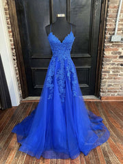 Homecomeing Dresses Long, Blue v neck tulle lace long prom dress, blue lace bridesmaid dress