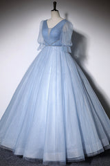 Black Long Dress, Blue V-Neck Tulle Long Prom Dress, A-Line Formal Evening Dress