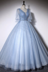 Off Shoulder Prom Dress, Blue V-Neck Tulle Long Prom Dress, A-Line Formal Evening Dress