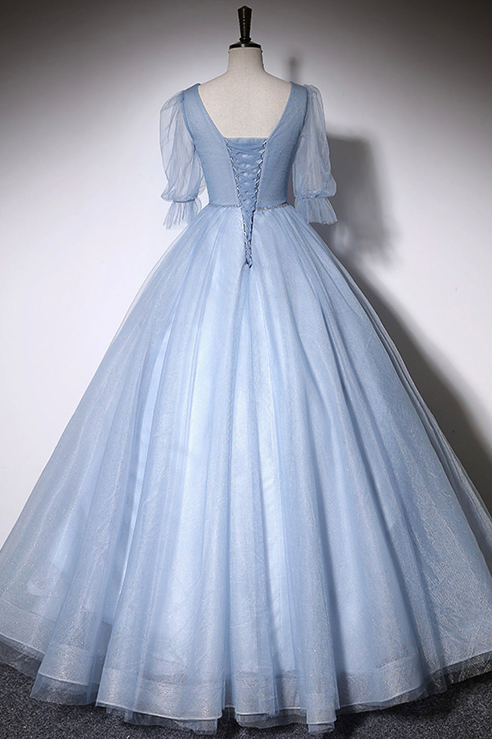 Satin Bridesmaid Dress, Blue V-Neck Tulle Long Prom Dress, A-Line Formal Evening Dress