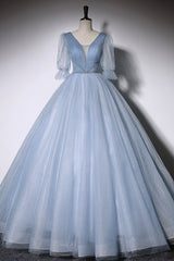 Glamorous Dress, Blue V-Neck Tulle Long Prom Dress, A-Line Formal Evening Dress