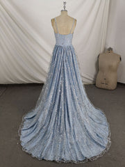 Blue Prom Dress, Blue V Neck Tulle Sequin Long Prom Dress, Blue Aline Formal Graduation Dress