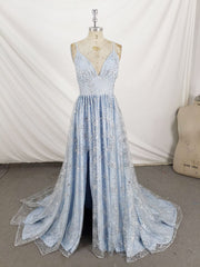 Mini Dress, Blue V Neck Tulle Sequin Long Prom Dress, Blue Aline Formal Graduation Dress