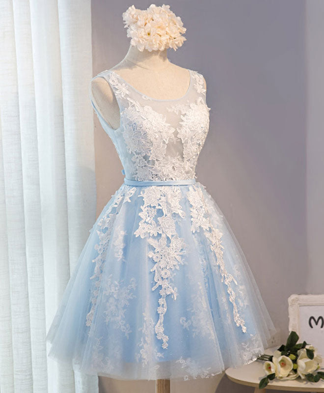 Prom Dresses With Slits, Blue V Neck Tulle Short Prom Dress, Blue Homecoming Dresses