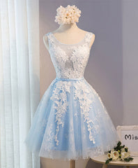 Prom Dress Pattern, Blue V Neck Tulle Short Prom Dress, Blue Homecoming Dresses