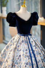 Party Dress Style, Blue Velvet Floor Length Prom Dress with Short Sleeve, Blue V-Neck Formal Evening Dress