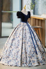 Party Dresses Style, Blue Velvet Floor Length Prom Dress with Short Sleeve, Blue V-Neck Formal Evening Dress