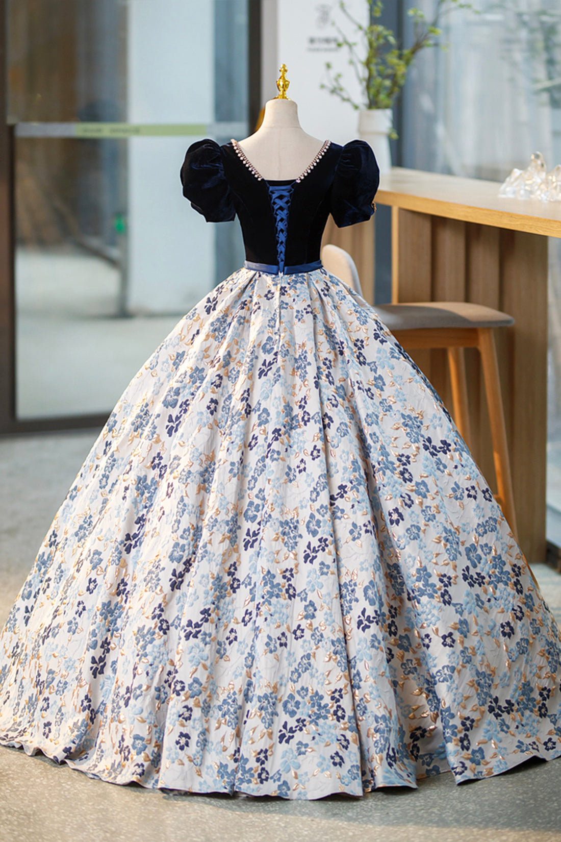 Party Dresses Styles, Blue Velvet Floor Length Prom Dress with Short Sleeve, Blue V-Neck Formal Evening Dress
