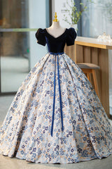 Party Dress Dress, Blue Velvet Floor Length Prom Dress with Short Sleeve, Blue V-Neck Formal Evening Dress