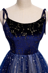 Party Dress Roman, Blue Velvet Tulle Long Prom Dress, A-Line Evening Party Dress