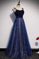 Party Dress Pink, Blue Velvet Tulle Long Prom Dress, A-Line Evening Party Dress