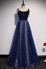 Party Dress Wedding Guest Dress, Blue Velvet Tulle Long Prom Dress, A-Line Evening Party Dress