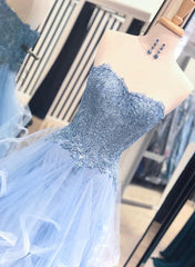 Semi Dress, Gorgeous A Line Sweetheart Appliques Lace Prom Dresses with Ruffles