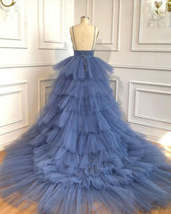 Prom Dresses White And Gold, Blue V Neck Tiered Sleeveless Tulle Prom Dress, Gorgeous Long Party Dress