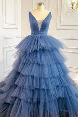 Black Prom Dress, Blue V Neck Tiered Sleeveless Tulle Prom Dress, Gorgeous Long Party Dress