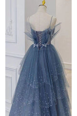 Gorgeous Blue Sparkly Tulle Beaded Prom Dress, Tiered Formal Gown with Rhinestone