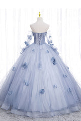 Prom Dresses Pink, Blue Long Sleeves Tulle Prom Dress with Flowers, Puffy Off the Shoulder Quinceanera Dress