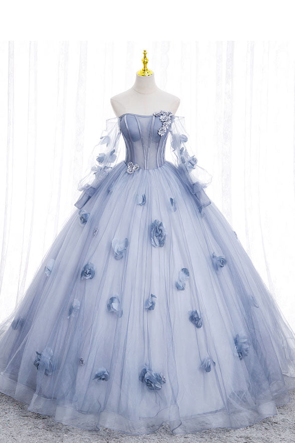 Prom Dresses Designer, Blue Long Sleeves Tulle Prom Dress with Flowers, Puffy Off the Shoulder Quinceanera Dress