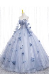 Prom Dress Designer, Blue Long Sleeves Tulle Prom Dress with Flowers, Puffy Off the Shoulder Quinceanera Dress
