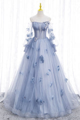Blue Long Sleeves Tulle Prom Dress with Flowers, Puffy Off the Shoulder Quinceanera Dress