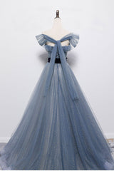 Prom Dress Two Piece, Blue Off the Shoulder Tulle Long Prom Dress with Sash, Sparkly Formal Gown