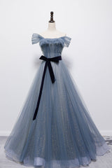 Prom Dress Ideas Black Girl, Blue Off the Shoulder Tulle Long Prom Dress with Sash, Sparkly Formal Gown