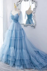 Wedding Dress, A Line V Neck New Style Tiered Long Tulle Prom Dress, Evening Gown with Flower