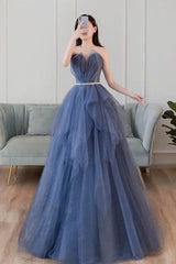 Purple Prom Dress, Blue Sweetheart Sleeveless Floor Length Sparkly Evening Prom Dress with Belt