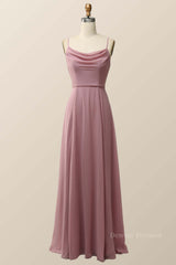 Prom Dresses Blushes, Blush Pink Cowl Neck Chiffon Long Bridesmaid Dress