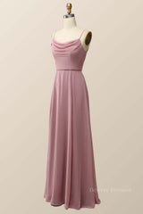 Prom Dresses 2058 Long Sleeve, Blush Pink Cowl Neck Chiffon Long Bridesmaid Dress