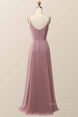 Prom Dresses Blue Lace, Blush Pink Cowl Neck Chiffon Long Bridesmaid Dress