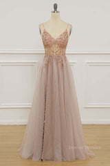 Evening Dress Long Elegant, Blush Pink Deep V Neck Beading-Embroidered Long Prom Dress with Slit