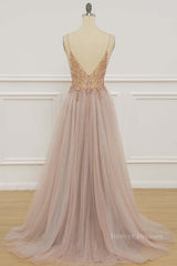 Evening Dresses Long Elegant, Blush Pink Deep V Neck Beading-Embroidered Long Prom Dress with Slit