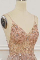 Evening Dress Classy, Blush Pink Deep V Neck Beading-Embroidered Long Prom Dress with Slit