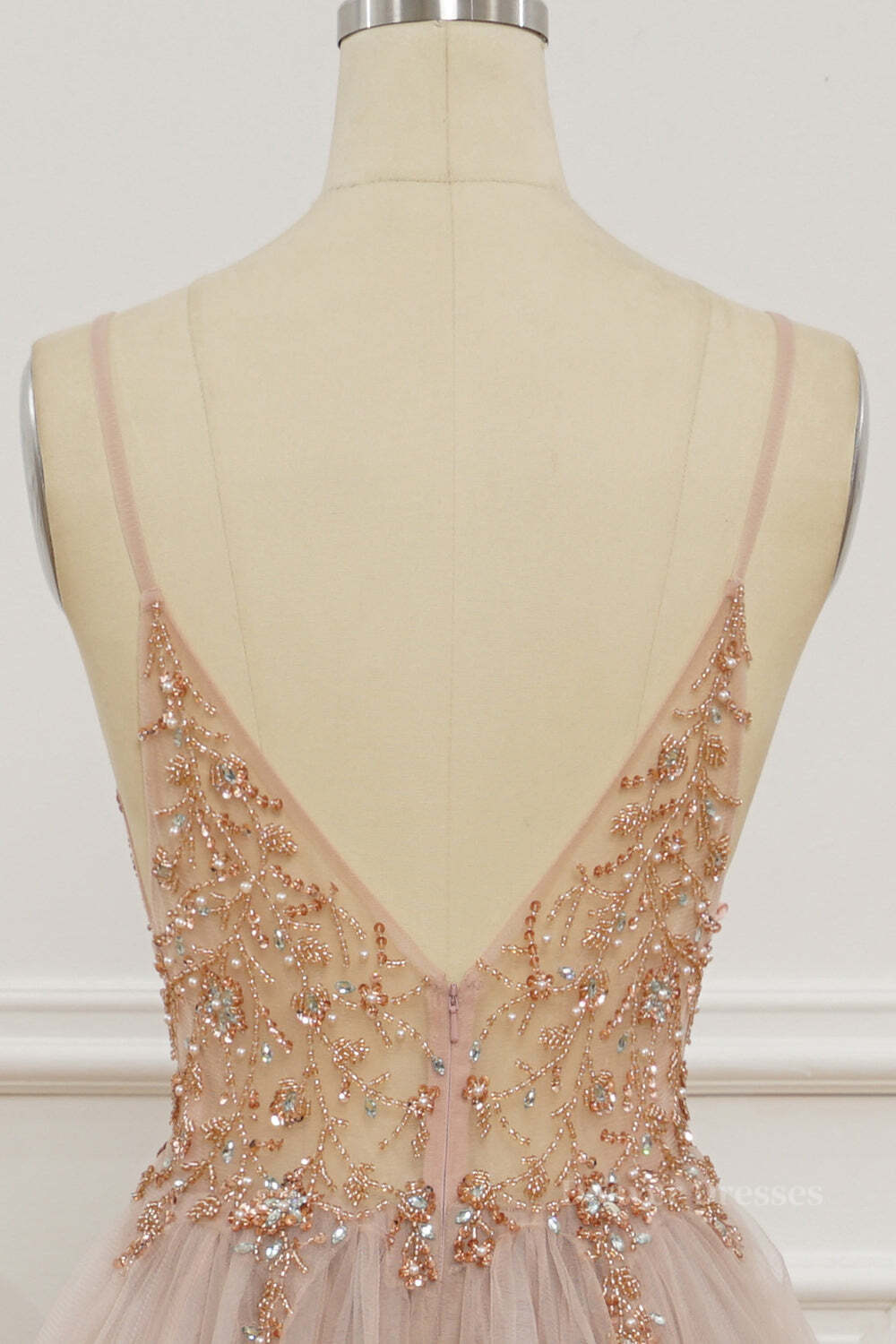 Evening Dresses Prom Long, Blush Pink Deep V Neck Beading-Embroidered Long Prom Dress with Slit