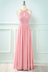Tights Dress Outfit, Blush Pink Halter Chiffon Long Bridesmaid Dress with Keyhole