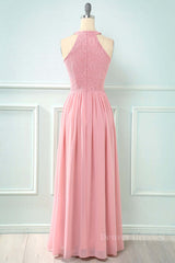 Prom 2058, Blush Pink Halter Chiffon Long Bridesmaid Dress with Keyhole