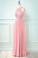 Dinner Dress Classy, Blush Pink Halter Chiffon Long Bridesmaid Dress with Keyhole