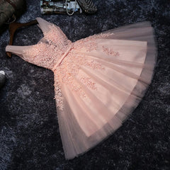 Bridesmaid Dresses Long Sleeve, Blush Pink Lace Appliqued Tulle Homecoming Dresses,Formal Dress