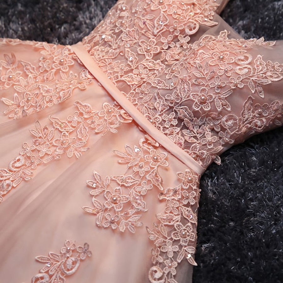 Bridesmaids Dresses Long Sleeve, Blush Pink Lace Appliqued Tulle Homecoming Dresses,Formal Dress