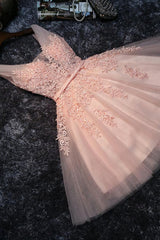 Bridesmaid Dresses Long Sleeves, Blush Pink Lace Appliqued Tulle Homecoming Dresses,Formal Dress