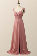 Couture Gown, Blush Pink Ruffled Flare Sleeve Chiffon Long Bridesmaid Dress