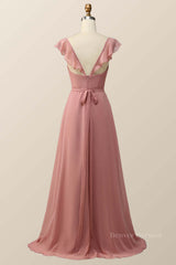 Casual Gown, Blush Pink Ruffled Flare Sleeve Chiffon Long Bridesmaid Dress